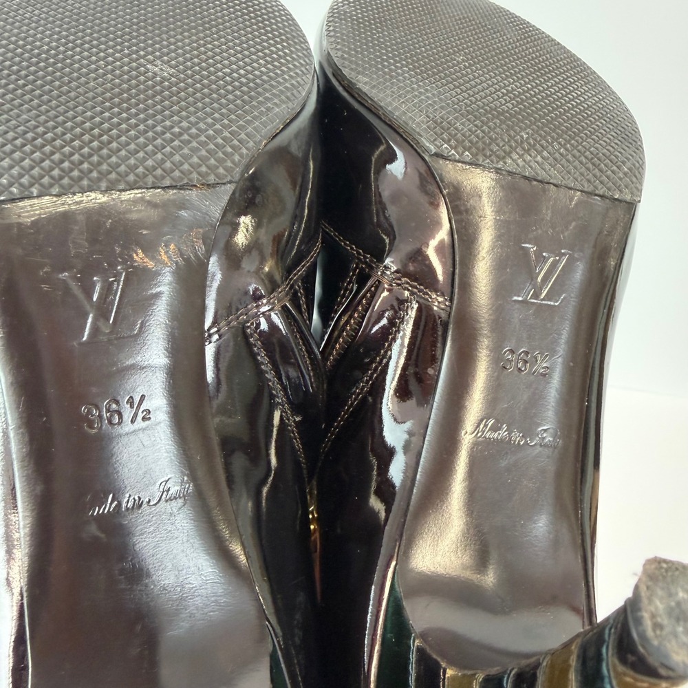Louis Vuitton Patent Leather Ankle Boots 36.5 Black Pointed Gold‎ Zip Heels - Picture 9 of 12